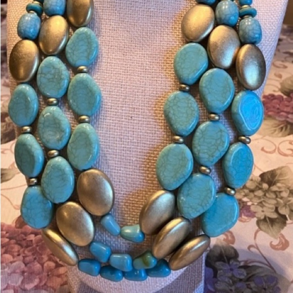 Chico's Turquoise and Gold Multi-Strand Statement Necklace